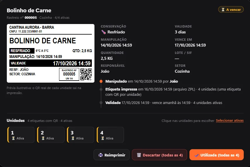 Detalhe de uma etiqueta no rastreio, com linha do tempo e unidades
